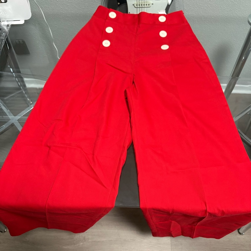Zara Wide Leg Pants in Bright Red with White Buttons